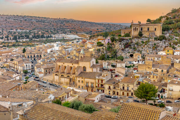 top view of the city of Scicli at sunset.